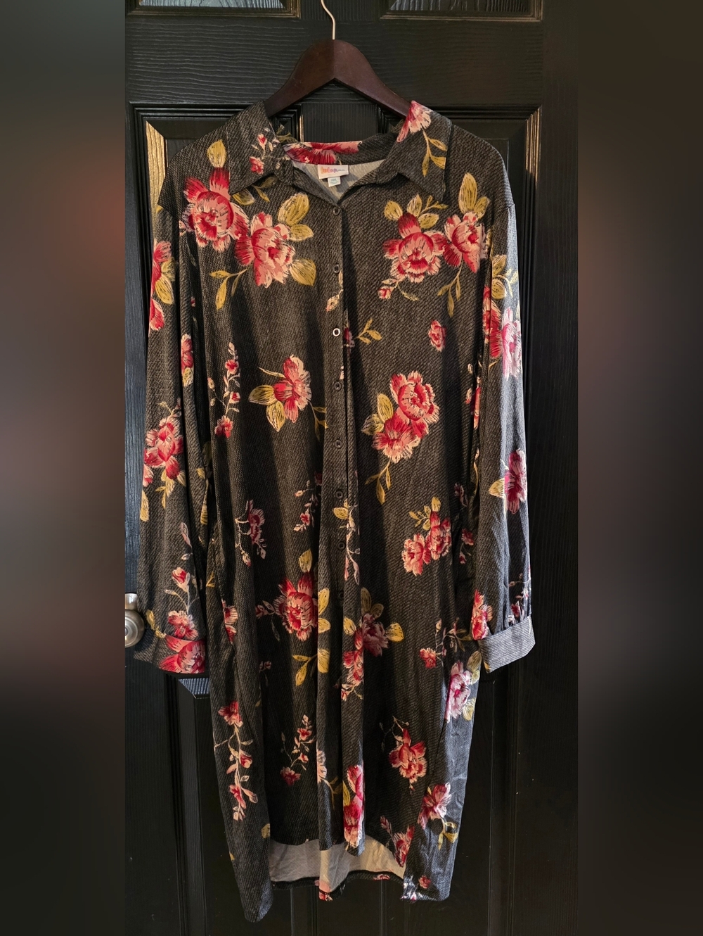 LuLaRoe Button Front Black Dress with Red Floral Accents
